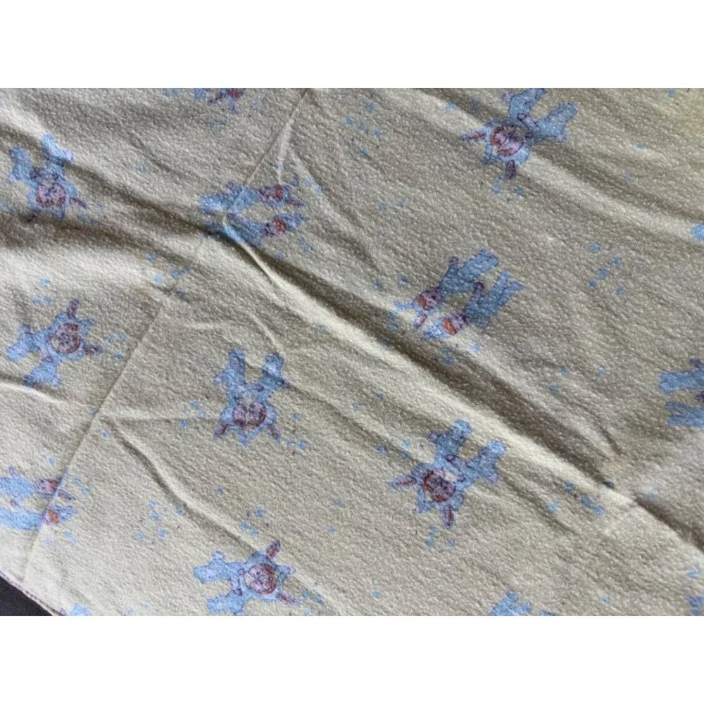 Vintage Yellow Baby Blanket Flannel Receiving Swaddle Blue Character Print Rare